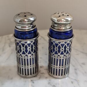 Vintage F.B. Rogers Silver Overlaid Cobalt Blue Salt & Pepper Shakers